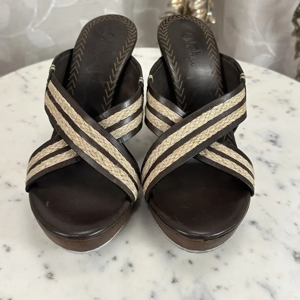 Cole Haan Brown Leather Raffia Woven Straps Wooden Platform Block‎ Heel Sandals